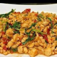 Basil Minced Chicken กะเพราไก่สับ · (Now we use regular basil instead of Thai holy basil)
Stir-fried minced chicken with spicy b...
