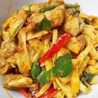 Spicy Bamboo ผัดเผ็ดหน่อไม้ · Choice of meat stir-fried with bamboo shoot and chili paste. Spicy.