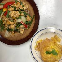 Basil Sauce ผัดกะเพรา · Choice of meat sauteed with basil, garlic, chili paste and bell pepper (served with Thai ome...