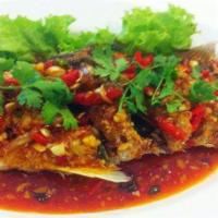 Fried Fish with Sweet Chili Sauce ปลาราดพริก · Fried fish with basil and sweet chili sauce. Spicy.