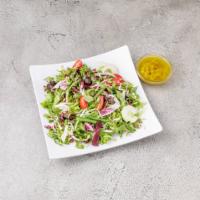 Insalata di Marco (vegan) · Arugula, Green Cabbage with cherry tomatoes, olives, capers, green beans, cucumbers, extra v...
