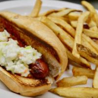 All Beef Hot Dogs with Chili & Slaw · All beef hot dog with chili and slaw.