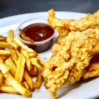 Chicken Fingers and Fries · 5 fingers lightly breaded and fried. Served with a side of fries.