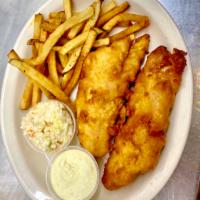 Fish & Chips · Haddock, beer battered with Yuengling lager. Served with fries, coleslaw and tartar sauce.