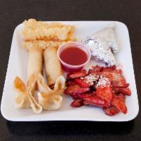 Ta-tango Taster Plate · 2 pieces each spring rolls, crab rangoon, butterfly shrimp, paper wrapped chicken and BBQ po...