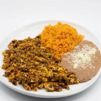 Huevos Con Chorizo (Eggs with Mexican Sausage) · Served with Rice, Beans & 6 Tortillas
