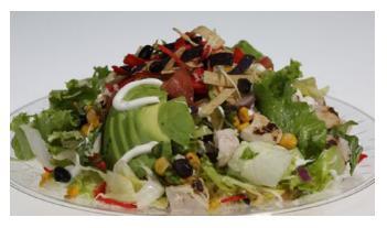 Southwest Chicken Salad · Spring Mix and chopped romaine, grilled chicken, sliced avocado, black bean corn salsa, tortilla strips, pepper jack cheese and jalapeno ranch dressing.