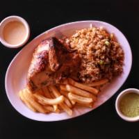 1/4 Chicken with 2 Sides · 1/4 de pollo con dos ordenes. It aslo comes with 2 sauces; 1 yellow sauce and 1 green sauce.