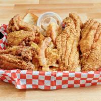 2 Fish, 2 Shrimp, 4 Wings Combo Special · Includes fries and Texas toast with homemade tartar sauce and ranch.