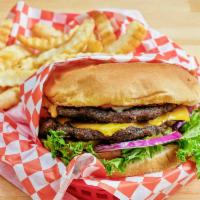 Double Meat Cheeseburger · Includes lettuce, tomato, pickles and onion with mayo or mustard.