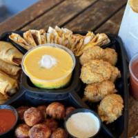 Fiesta Appetizer Tray · Serves 5-6 and includes Chicken Fajita Quesadillas, Baja Chicken bites, Stuffed jalapeños, B...