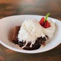 Brownie Sundae · House made chocolate walnut brownie, salted chocolate ganache, vanilla ice cream. Gluten-free.