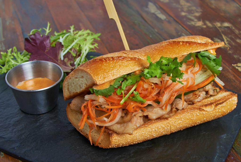 Grilled Pork Belly Bánh mì · Sandwich. Asian pesto and spicy mayo.