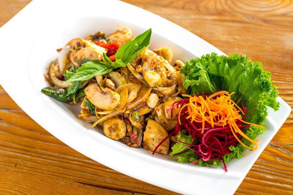 Mushroom Medley Pad Cha · Served with wild ginger, onions, string beans and chili.