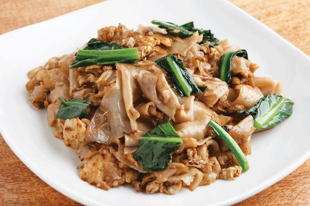 Pad Sea Eiw · Flat rice noodles sauteed with egg, Chinese broccoli and black soy sauce.