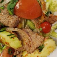SL3.  Spicy Beef Salad · Sliced beef, green onions, cilantro, red onions, cucumbers and tomatoes and mixed with lime ...
