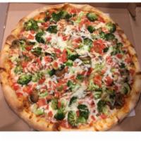 Vegetable Pizza · Fresh mushrooms, peppers, onions, chopped tomato, broccoli and spinach.