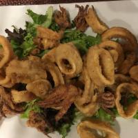 Fried Calamari- Served with Bread  - Served with Garlic Knots · Served with marinara sauce.