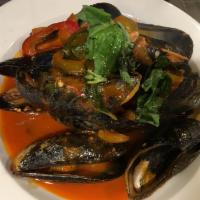 Mussels Marinara · Mussels Marinara, Served with your choice of side, Pasta or Salad and Bread.