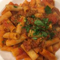 Rigatoni all Bolognese Large Pasta  Order (Meat Sauce) +  Chicken Parmigana with side of Spaghetti  served with bread. · Rigatoni all Bolognese (Meat Sauce) +  Chicken Parmigana with side of Spaghetti  served with...