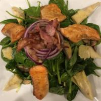 Salmon and Spinach Salad - Large Size + 6 Garlic Knots  · Roasted peppers, corn, red onions and tomatoes in lemon vinaigrette.