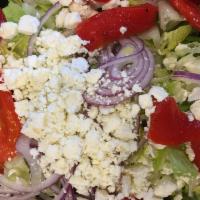 Greek Salad - Large Greek Salad + 6 Garlic Knots  · Tomatoes, red onions, cucumbers, red peppers, black olives and feta cheese with extra virgin...