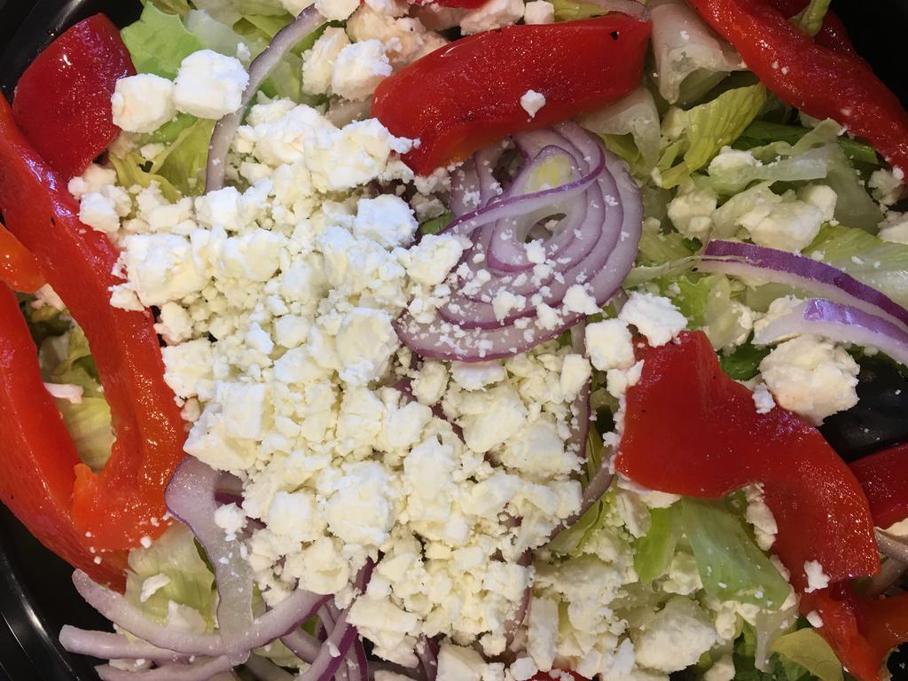 Greek Salad - Large Greek Salad + 6 Garlic Knots  · Tomatoes, red onions, cucumbers, red peppers, black olives and feta cheese with extra virgin olive oil.
