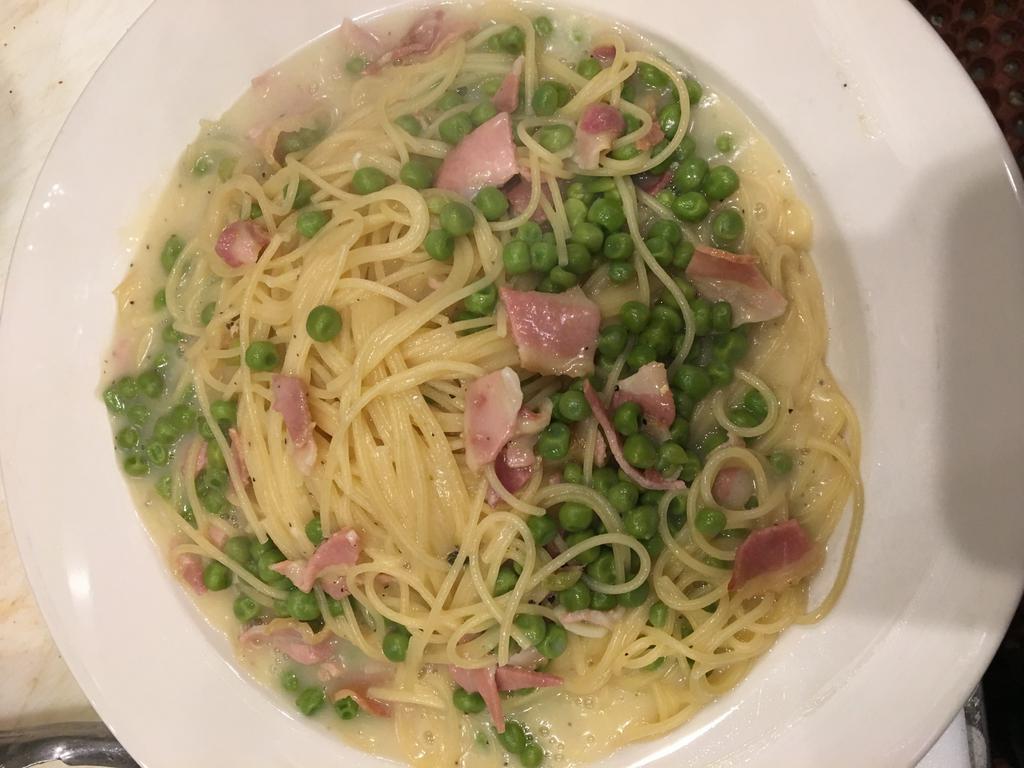 Spaghetti Carbonara - Large Order  · Pancetta, eggs, onions, peas, black pepper and Parmigiano Reggiano cheese. Pasta served with bread.
