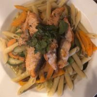 Penne Salmone -  Large Order · Penne pasta served with Salmone in a light tomato sauce with a touch of cream. Pasta served ...
