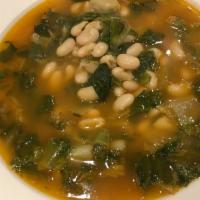 Escarole and White Beans Soup - Large - Served with Bread · Fresh escarole, cannellini beans, fresh tomatoes and onions. Served with Bread.