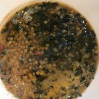 Lentil Soup - Large - Served with Bread · Lentils, garlic, tomato sauce, celery, onions, spices and potatoes. Served with Bread.