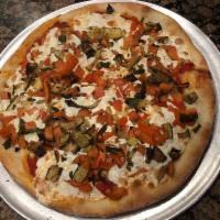 Grilled Primavera Pizza · Fresh mozzarella and plum tomato sauce topped with grilled veggies and basil.