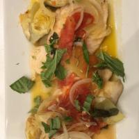 Chicken Romano · Sauteed with onions, artichoke hearts, fresh tomatoes, pancetta in a white wine butter sauce...