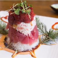 Tuna Shogun · Stacked sushi rice, crab, avocado and tuna.