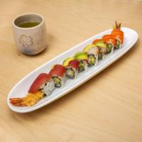Rainbow Shrimp Tempura Roll · Shrimp tempura, avocado, cucumber. Top: tuna, salmon, escolar and avocado.