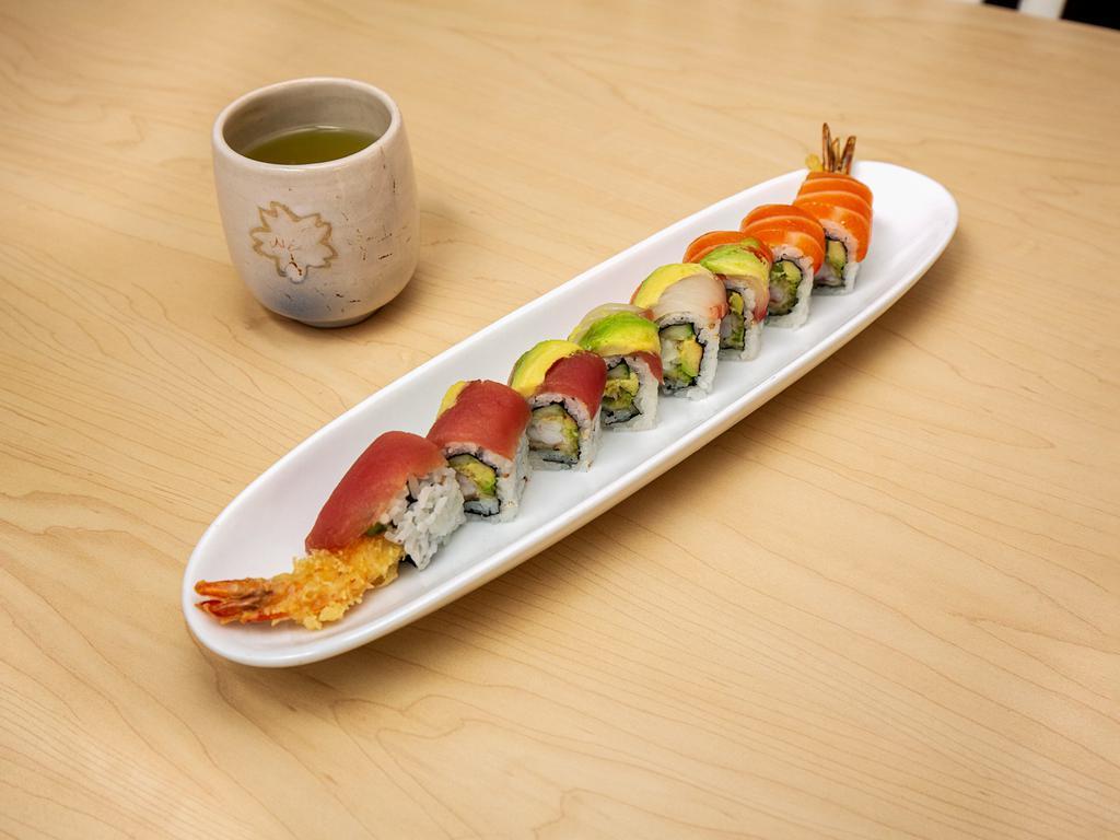 Rainbow Shrimp Tempura Roll · Shrimp tempura, avocado, cucumber. Top: tuna, salmon, escolar and avocado.