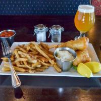 Smithwick's Fish and Chips Plate · Light & flaky fresh battered cod, natural fries, herb & caper tartar and lemon.