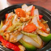 Pad Cashew Nut · Stir-fried garlic with cashew nut, bell pepper, onion, carrot, celery and chili paste come w...