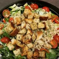 The Mediterranean Salad · Romaine lettuce, whole grain brown rice, cucumbers, tomatoes & house made croutons with lemo...