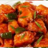 Chilli Paneer · Cottage cheese sauteed with soya, onions, green chilies, herbs, and exotic Indian spices.