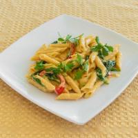 Rasta Pasta  · Penna pasta w creamy sauce, jerk sauce, spinach and served with or without chicken