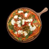 Veggies Pizzetta · Fresh mozzarella, pomodoro, spinach, mushroom, roasted peppers, cooked onions, garlic, Kalam...