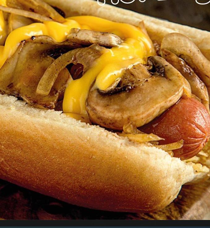 American Hot Dog · Mushrooms, grilled onion, and melted cheese.