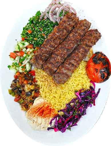 Beef kebab  · 3 skewers of Marinated ground beef, served witH rice and  bread. Comes with a side of salad and side of onions 