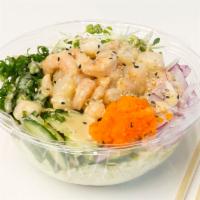 Shrimp and Scallops Bowl · Shrimp, scallops, sweet onion, scallions, cucumber, masago, sesame oil, sesame seeds, kaiwar...