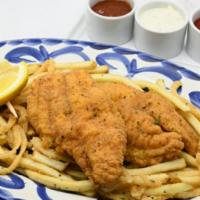 Fried Catfish · Seasoned Corn Flour; Served with French Fries and Onion Strings