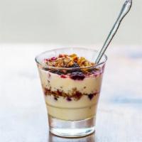 Yogurt Parfait · Strauss Greek yogurt, mixed fruit, honey and granola.