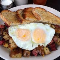 Corned Beef Hash with 2 Eggs · Served with home-fried potatoes and toast. Bagel instead of toast for an additional charge.