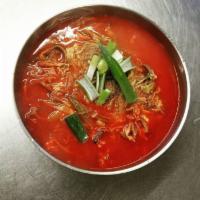 Spicy Beef Soup (Yukgaejang) · Spicy soup made with shred beef flank steak, green onion, sprouts, bracken and glass noodle....