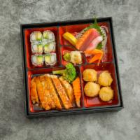 BentoBox · Served w. miso soup or salad, fried shumai, California roll, and choice of 3 piece Sushi or ...